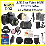 Nikon D90 SLR Digital Camera with Nikon AF-S DX NIKKOR 18-200mm f/3.5-5.6G ED VR II Zoom Lens + SSE Best Value 16GB, Lens, Battery and Flash Complete Accessory Package