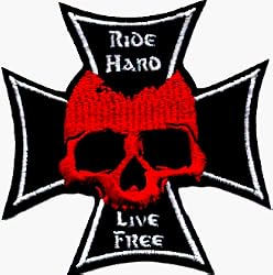 Red Skull with Iron Cross - Ride Hard Live Free - Embroidered Iron On or Sew On Patch
