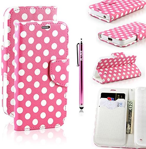 Nokia Lumia 635 / 630 Case, RANZ® Stylish Design Deluxe PU Leather Folio Flip Book Wallet Pouch Case Cover (Pink Polka Dots) For Nokia lumia 635 / Nokia lumia 630 with Touch Stylus