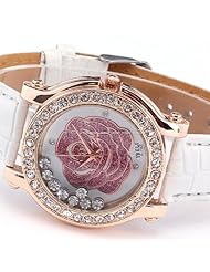 Fashion White Leather Elegant Crystal Diamond Rose Gold Case Dial Plated Womens Female Wrist Watch for Girls Lady Quartz Analog
