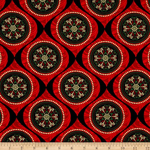 Joyful Metallic Ornamental Medallion Red Fabric By The Yard