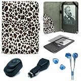 Leopard Pattern Design Protective Portfolio Nylon Carrying Case Cover for Amazon Kindle 3rd Generation Wireless Reading Device 3G Wi-Fi 6 inch LCD Display + Clear Screen Protector Guard for Kindle 3 Wifi + USB Travel Home Charger + USB Car Charger + Blue Hifi Noise Reducing Headphones / Earbuds