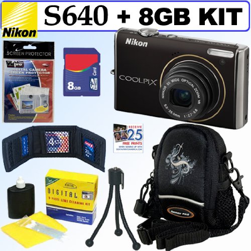 Nikon Coolpix S640 12.2MP Digital Camera Calm Black + 8GB Accessory Kit
