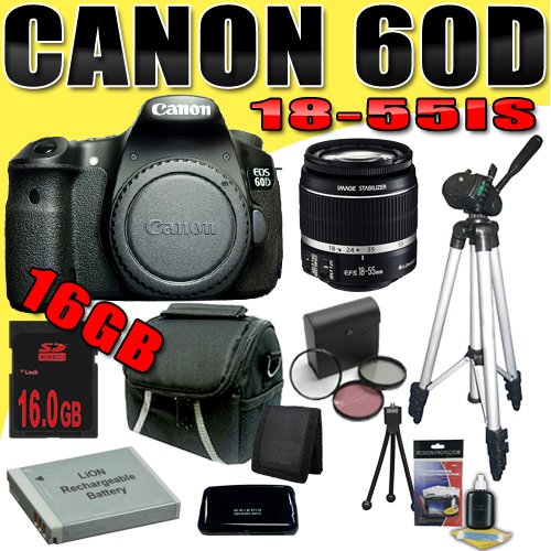 Canon EOS 60D 18 MP CMOS Digital SLR Camera w/ EF-S 18-55mm f/3.5-5.6 IS Lens LPE6 Battery Filter Kit Tripod 16GB DavisMAX Bundle