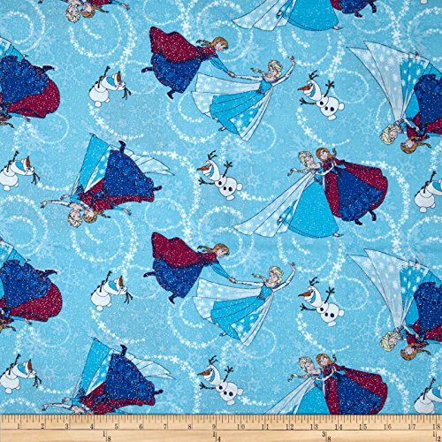 Disney Frozen Sisters Ice Skating Toss Glitter Blue Fabric By The Yard