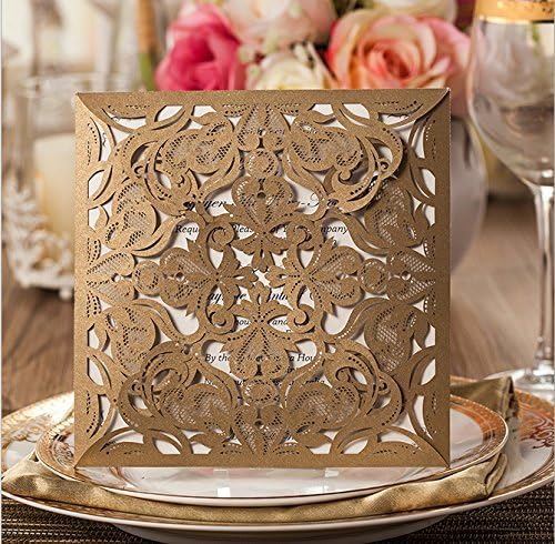 DiscountOne Square Gold Laser-cut Lace Flower Pattern Wedding Invitations Cards (100)