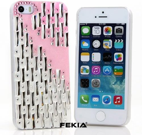 FEKIA® 3D Luxury Bling iphone 5C Case Cover Faceplate Swarovski AB Crystals Diamond Glitter Sparkle bedazzled jeweled Design Back Snap-on Hard Case (FREE stylus and water resistant retail bag) (100% Handcrafted by FEKIA) (White and Pink Background with Rectangle Stones)
