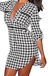 Houndstooth Print Elbow Length Sleeves Belted Polyester  Shirt  Dress