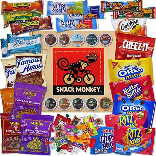 Coffee K-Cup &amp; Snack Housewarming Gift, Dorm, Military Care Package, Gift Basket Custom Variety Pack for Keurig Brewers with Cookies, Bars, &amp; Candy Bundle 50 Count by Snack Monkey