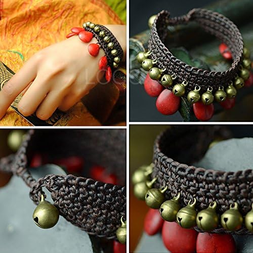 Enjoydeal Chinese Style Hand Craft Knitted Bracelet with Copper Bells and Red Turquoise as Pendant
