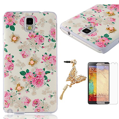 Mavis's Diary Bling Crystal Golden Butterfly Pink Flowers Hard Case for Samsung Galaxy Note3 Bundle with Clean Cloth, Screen Protector and Dust Plug - Pattern-1