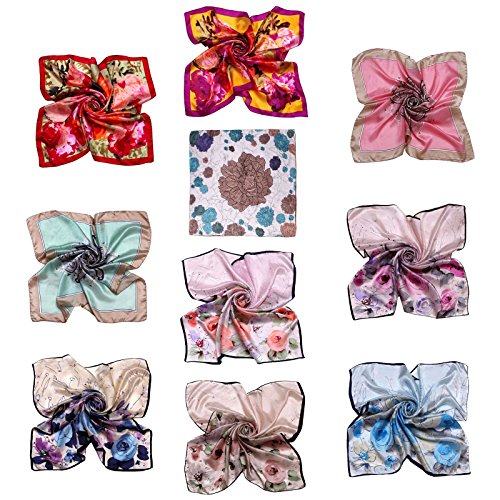 Kobwa(TM) Women Flower Mulberry Silk Square Scarves Bandana Scarf with Keyring