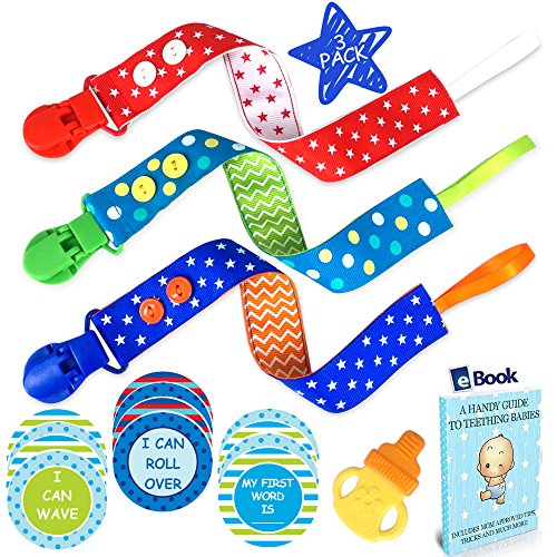 Premium Pacifier Clip Boy 3Pk Bundle - Bonus 12 Milestone Stickers, Silicone Soothie Teether & Teething eBook - 2 Sided Binky Holder - Fits Mam, Nuk, Tommee Tippee, Bibs & Toys - Best Baby Shower Gift