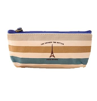 【クリックで詳細表示】エッフェル塔 ペンケース 国旗 柄 フランス パリ 色 キャンバス ボーダー 筆箱 おしゃれ な 小物入れ にも (D) … …： 服＆ファッション小物