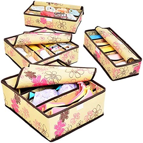 Storage Boxes 4 Sets Box Organizer To Organize Undergarments - Underwear, Bra, Socks, Tights, Ties, Scarves, Baby Clothes Compartment (Beige) 30 Days Money Back Guarantee