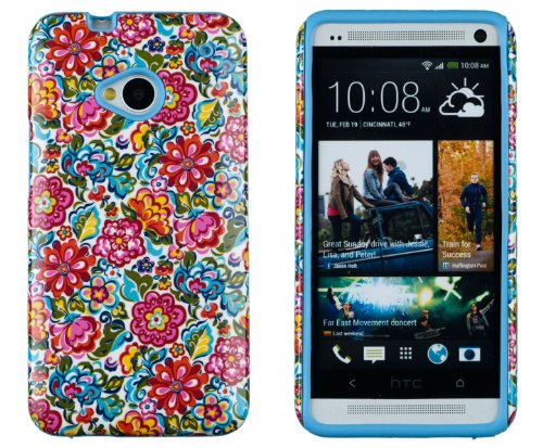 DandyCase 2in1 Hybrid High Impact Hard Colorful Blooming Flowers Pattern + Sky Blue Silicone Case Cover For HTC One M7 4G LTE + DandyCase Screen Cleaner