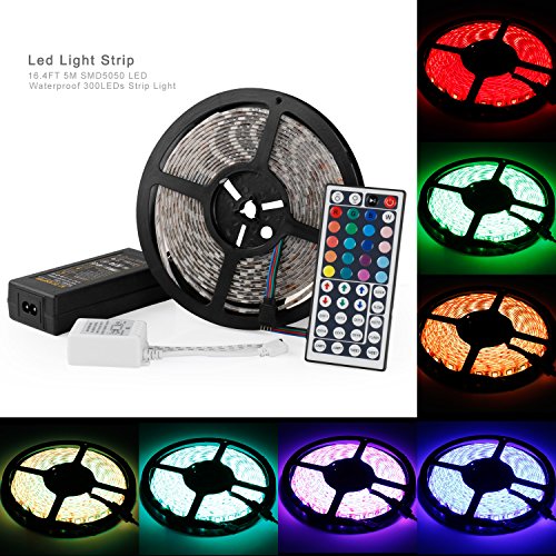 RGB LED Light Strip, Levin SMD5050 300 LEDs 16.4ft 5M Waterproof Flexible Color Changing LED Strip Kit 12V 5A Powered with 44Key IR Remote