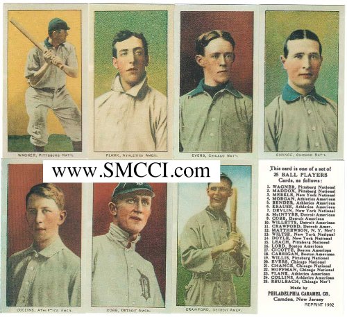 1909 Philadelphia Caramel E95 Series 25 Card Reprint Set Lots of Hall of Famers and Stars Including Ty Cobb Christy Mathewson Honus Wagner Eddie Plank the Trio of Tinker to Evers to Chance Chief Bender Sam Crawford and More!