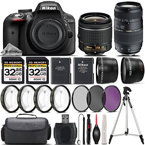 Nikon D3300 DSLR Camera (Black) + Nikon 18-55mm VR Lens + Tamron 70-300mm Di LD Macro Lens + 0.43X Wide Angle Lens + 2.2x Telephoto Lens + 64GB Storage + UV-CPL-FLD Filters - International Version