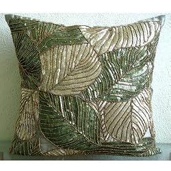 Green Camoflague - Decorative Pillow Covers - Silk Pillow Cover Embellished with Beads & Sequins