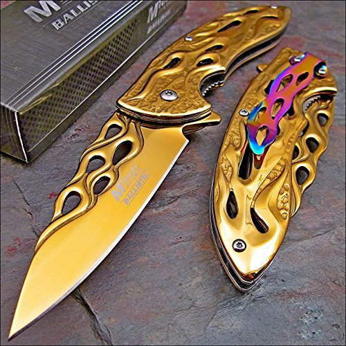 MTECH BALLISTIC GOLD Skeletonized Flame Blade Spring Assisted Opening Knife NEW