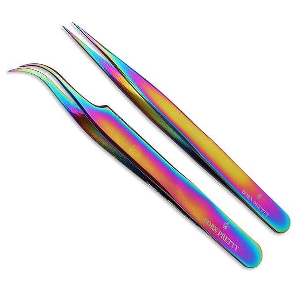 Born Pretty Tweezers Straight Curved Rainbow Stainless Steel