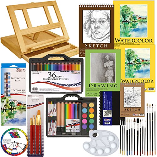 US Art SupplyÂ® 124-Piece Deluxe Watercolor Painting & Sketch Drawing Set with, Wood Drawer Table Easel, 12-Tubes Watercolor Colors, 9"x12" & 11"x14" Watercolor Acrylic Painting Paper Pads, 22 Artist Brushes, Plastic Palette with 10 Wells, Wooden Pal
