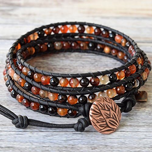 Carnelian Gemstone Beaded Leather Wrap Bracelet
