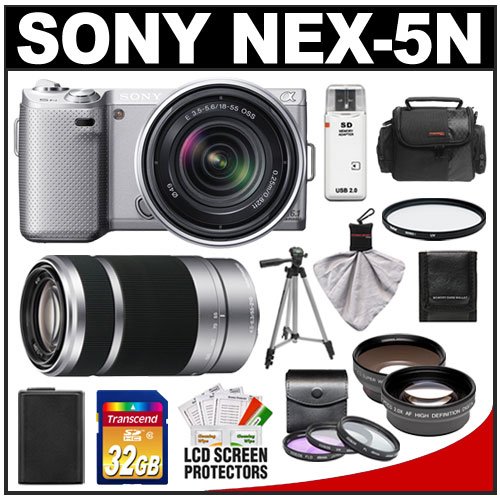 Sony Alpha NEX-5N Digital Camera Body & E 18-55mm OSS Lens (Silver) with E 55-210mm Lens + 32GB Card + Battery + 4 Filters + Telephoto & Wide-Angle Lenses + Case + Tripod + Accessory Kit