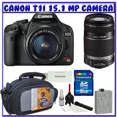 Canon EOS Rebel T1i 15.1 MP Digital SLR Camera (Black) + Canon EF-S 18-55mm f/3.5-5.6 IS Zoom Lens [Outfit] + Canon EF-S 55-250mm f/4.0-5.6 IS Zoom Lens + 16GB + Advanced Shooters Package K# 1