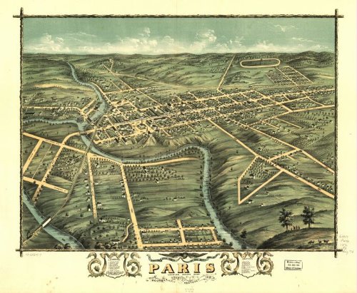 Bird's eye view of the city of Paris, Bourbon County, Kentucky 1870., large historic panoramic map reprint 43x36
