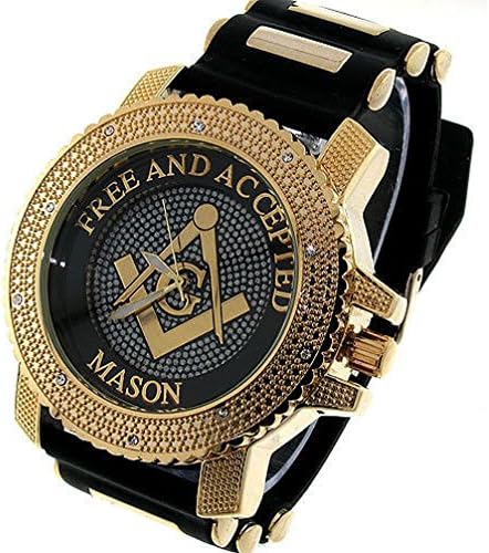 Letter Fashion Men'S Ice Nation Golden Crystal Freemason Masonic Mason Watch With Bullet Band