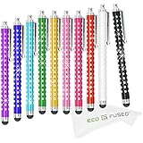 Eco-Fused 10 Pack BLING Metal Stylus Pens compatible with iPad 5, 4, 3 2, Mini, iPhone 6, 5, 4, 3, iPod Touch, Android Tablets, Samsung Tablets - Microfiber Cleaning Cloth