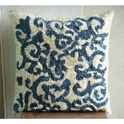Teal Ribbons - 18x18 Inches Throw Pillow Covers - Satin Pillow Cover with Ribbon Embroidery