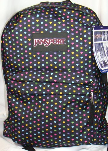 Jansport Classic Superbreak Backpack. Black Mini Polka Dot Hearts