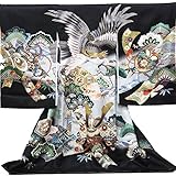 【紋入れ付き】 【お宮参り着物】【黒 鷹に兜】男の子 正絹 友禅【風呂敷プレゼント/ギフト対応】