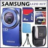 Pocket Video Camera Samsung HMX U20 Ultra Compact Full HD Camcorder with 3x Optical Zoom and 2 inch LCD in Blue + 4GB Accessory Kit