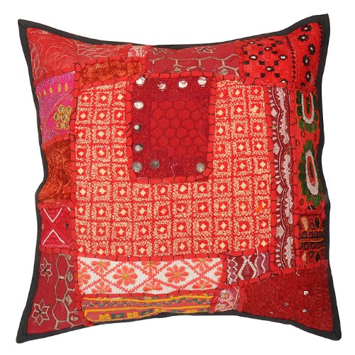 Imagen 2 de Cubierta india tradicional hecha a mano de algodón Cojín conjunto con Bordados Espejo Patch Work & Size 16 x 16 pulgadas Juego de 2 piezas