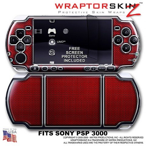 Carbon Fiber Red and Chrome WraptorSkinz Skin and Screen Protector Kit fits Sony PSP 3000