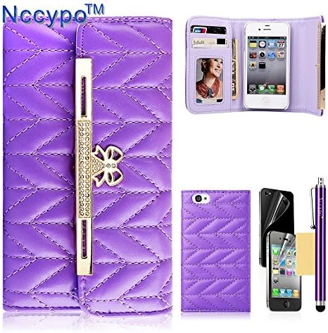 iPhone 4 Case, iPhone 4S Case, Nccypo Luxury PU Leather Wallet Slim Protective Case For Apple iPhone 4/4S[Soft Upgrade Grid Skin Handbag-Purple] with Stylus, Screen Protector and Cleaning Cloth