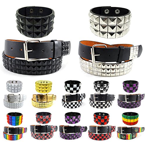Enimay Studded Checkered Belt and Bracelet Punk Rock Goth Combo Pack (Many Colors Available)