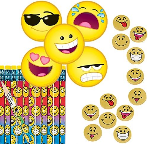 Emoji School Supplies or Party Favors for 12 - Emoji Pencils (12), Emoji Stickers (100) and Emoji Erasers (12)