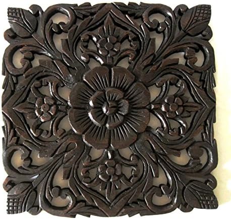 Teak Wood Flower Square Wall Plaque 12" (FS4)