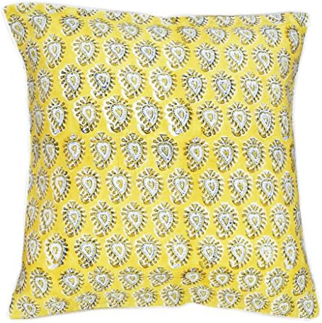 Koyari Indian Ethnic Hand Block Printed Cushion Cover Throw Pillow Case In Fine Cotton 16"X16"(40cmX40cm) Yellow Floral Motif On Off White