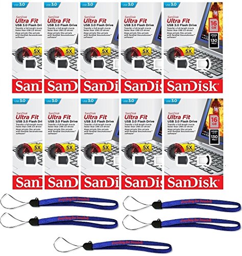 SanDisk Ultra Fit CZ43 16GB USB 3.0 Low-Profile Flash Drive Up To 130MB/s Read- SDCZ43-016G-G46 16G (10 pack) Flash Drive Jump Drive Pen Drive - w/ (5) Everything But Stromboli (TM) Lanyard