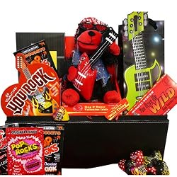 You Rock! Valentines Chocolate & Candy Gift Basket with Singing Teddy Bear "Wild Thing"