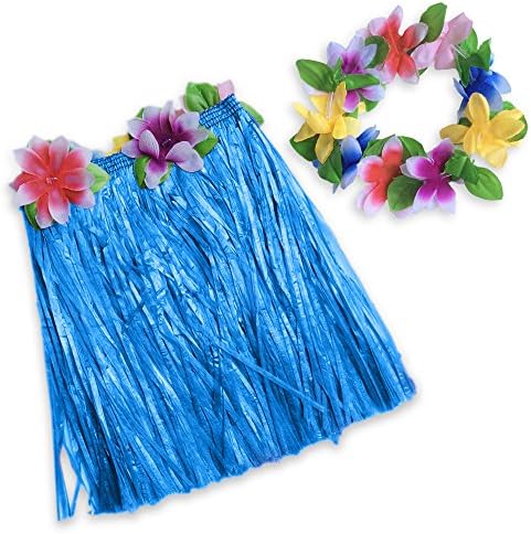 Luau Hula Kids Grass Skirt Floral Waistbands and Head Piece - Blue