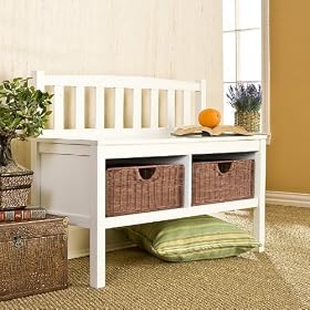 SEI White Bench With Brown Rattan Baskets