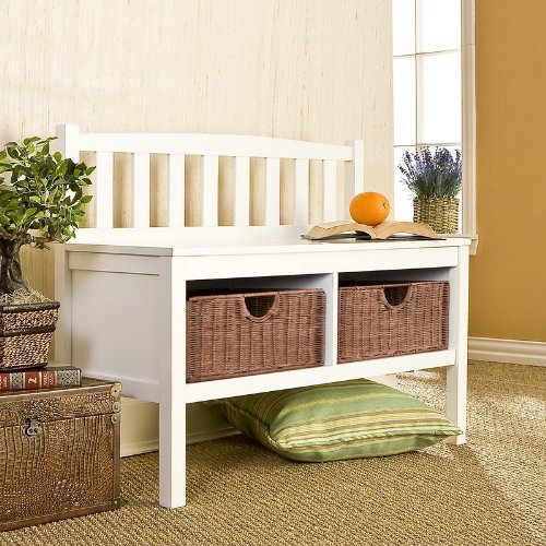 SEI White Bench With Brown Rattan Baskets