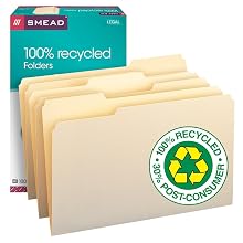 Smead Folder, Legal, 100% Recycled, 11 Point, 1/3 Cut Tab, Manila, 100 per Box (15339)
